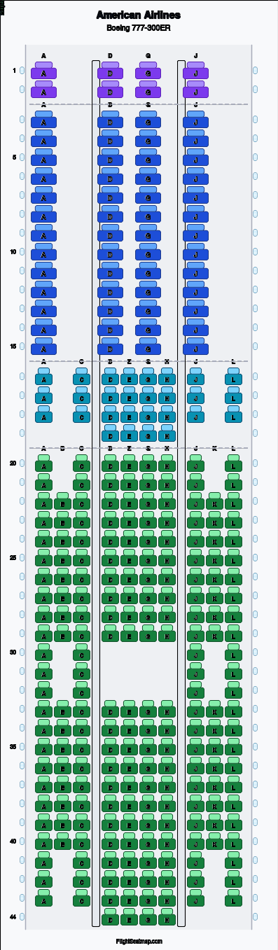 American Airlines Boeing 777-300ER seat map layout showing 4-class configuration with 304 seats