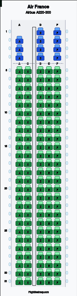 Air France Airbus A220-300 seat map layout for flight AF1241 from AMS to CDG