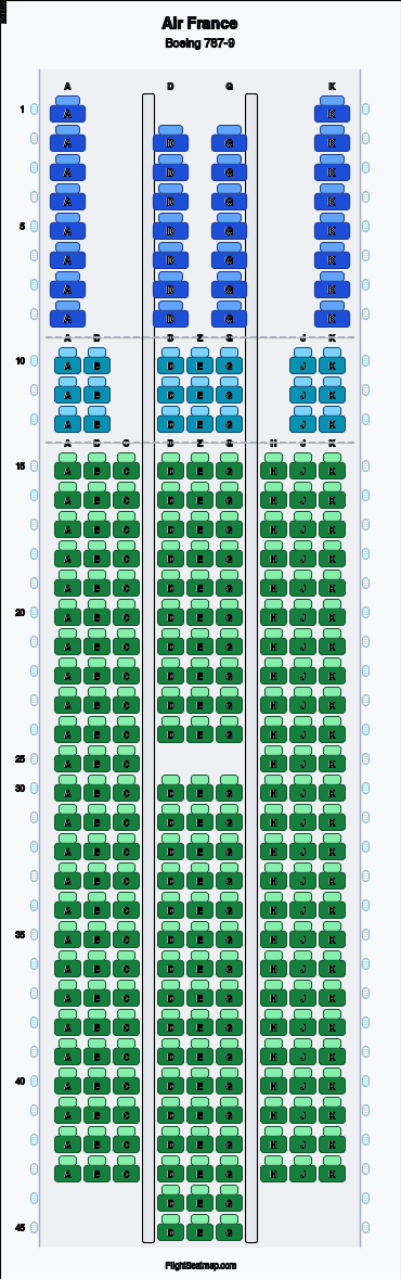 Air France Boeing 787-9 seat map layout for flight AF635 from MSP to CDG