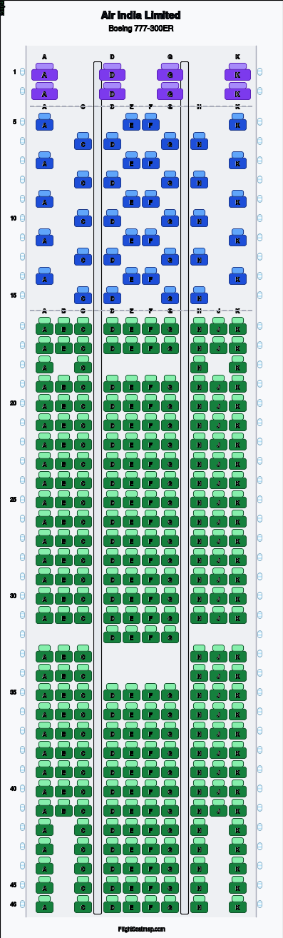 Air India Limited Boeing 777-300ER seat map layout for flight AI127 from DEL to ORD