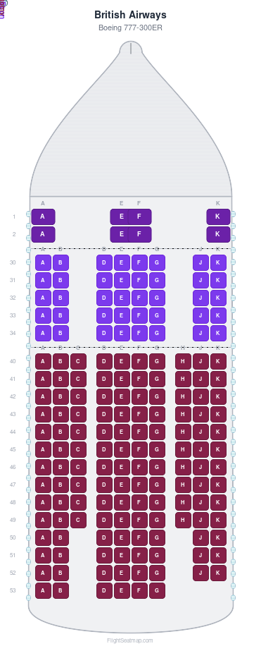 British Airways Boeing 777-300ER seat map layout showing 3-class configuration with 178 seats