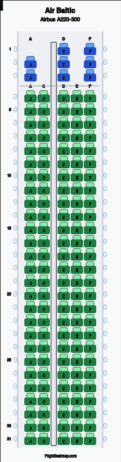 Air Baltic Airbus A220-300 seat map layout for flight BT620 from AMS to RIX