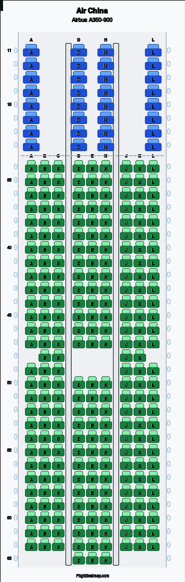 Air China Airbus A350-900 seat map layout for flight CA827 from PVG to MUC