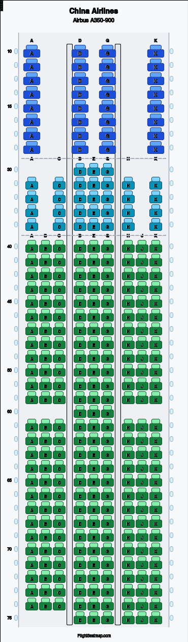 China Airlines Airbus A350-900 seat map layout for flight CI52 from SYD to TPE
