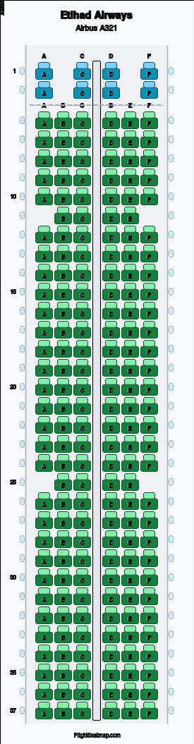 Etihad Airways Airbus A321 seat map layout for flight EY392 from AUH to CMB