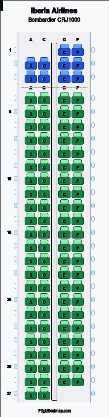 Iberia Airlines Bombardier CRJ1000 seat map layout for flight IB1005 from MAD to AGP