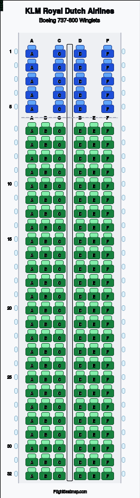 KLM Royal Dutch Airlines Boeing 737-800 Winglets seat map layout for flight KL1403 from AMS to CDG