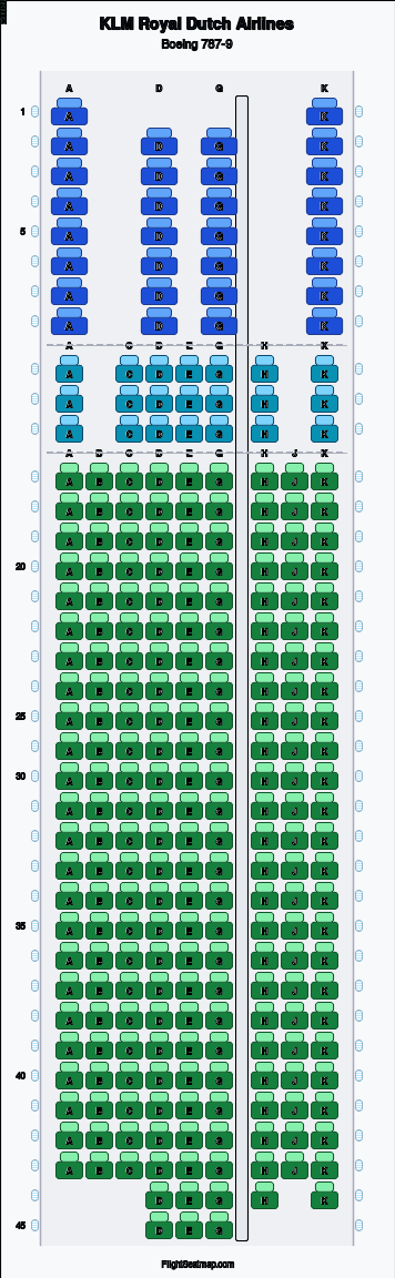 KLM Royal Dutch Airlines Boeing 787-9 seat map layout for flight KL895 from AMS to PVG