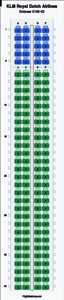 KLM Royal Dutch Airlines Embraer E195-E2 seat map layout for flight KL1010 from LHR to AMS