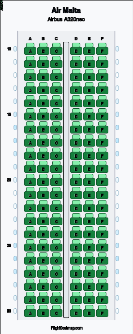 Air Malta Airbus A320neo seat map layout showing 1-class configuration with 126 seats
