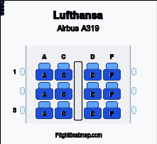 Lufthansa Airbus A319 seat map layout for flight LH2287 from BRU to MUC