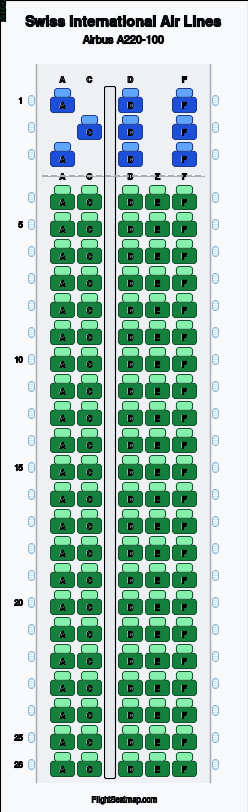 Swiss International Air Lines Airbus A220-100 seat map layout for flight LX1111 from MUC to ZRH