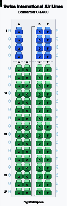 Swiss International Air Lines Bombardier CRJ900 seat map layout for flight LX3627 from MUC to ZRH