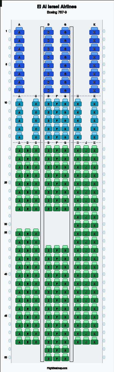 El Al Israel Airlines Boeing 787-9 seat map layout for flight LY5 from TLV to LAX