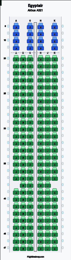 Egyptair Airbus A321 seat map layout for flight MS787 from CAI to MUC