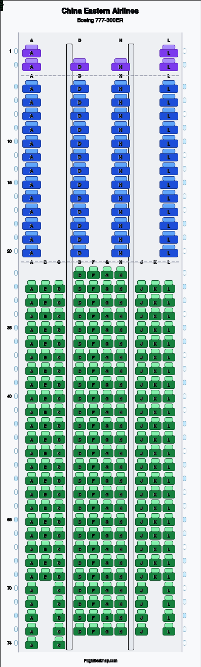 China Eastern Airlines Boeing 777-300ER seat map layout for flight MU570 from CDG to PVG