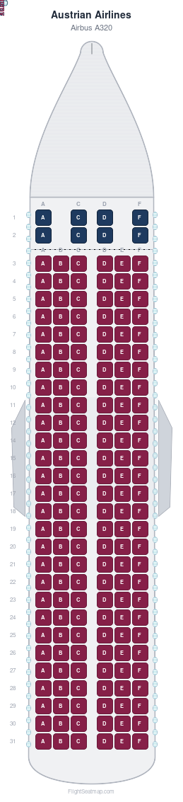 Austrian Airlines Airbus A320 seat map layout for flight OS785 from VIE to OTP