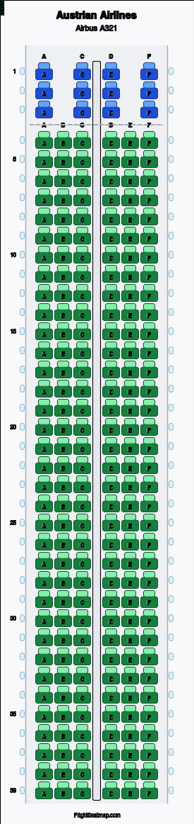 Austrian Airlines Airbus A321 seat map layout showing 2-class configuration with 222 seats