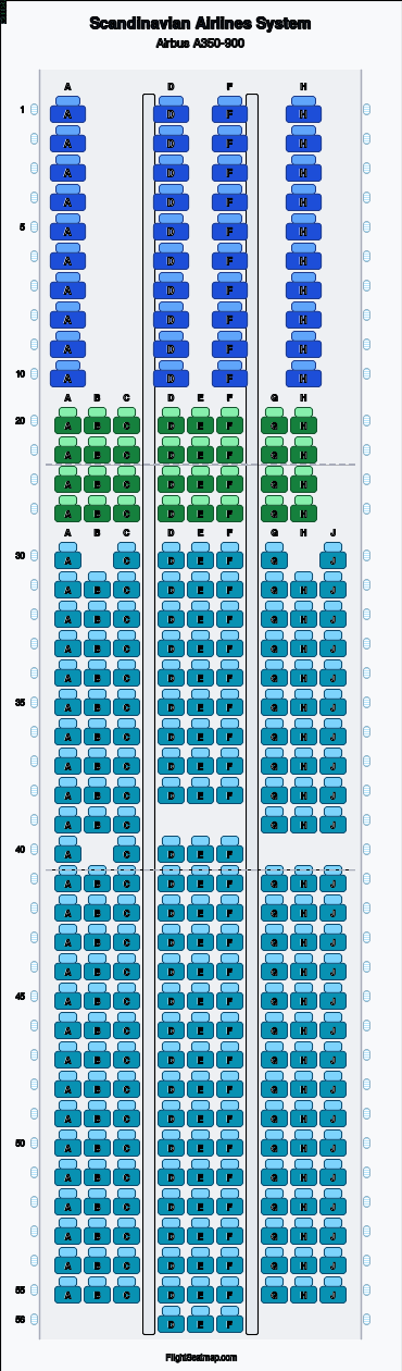 Scandinavian Airlines System Airbus A350-900 seat map layout for flight SK987 from CPH to ICN