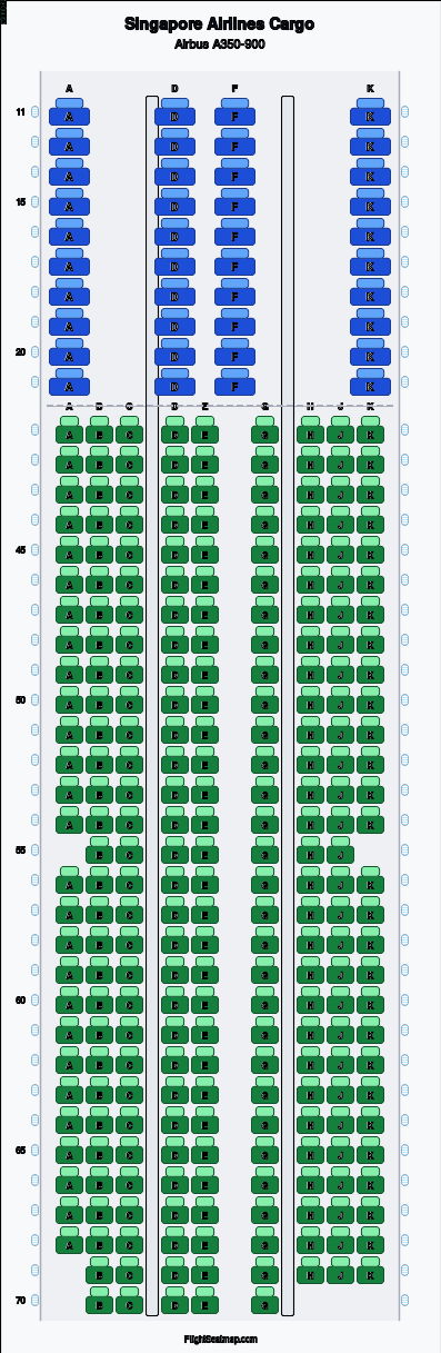 Singapore Airlines Cargo Airbus A350-900 seat map layout for flight SQ34 from SIN to SFO