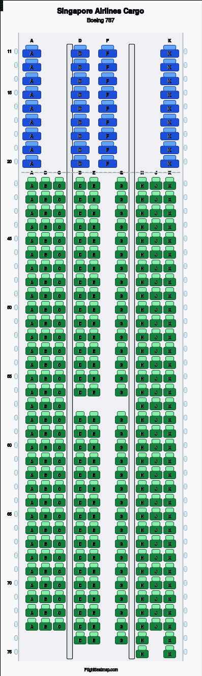 Singapore Airlines Cargo Boeing 787 seat map layout for flight SQ634 from SIN to HND