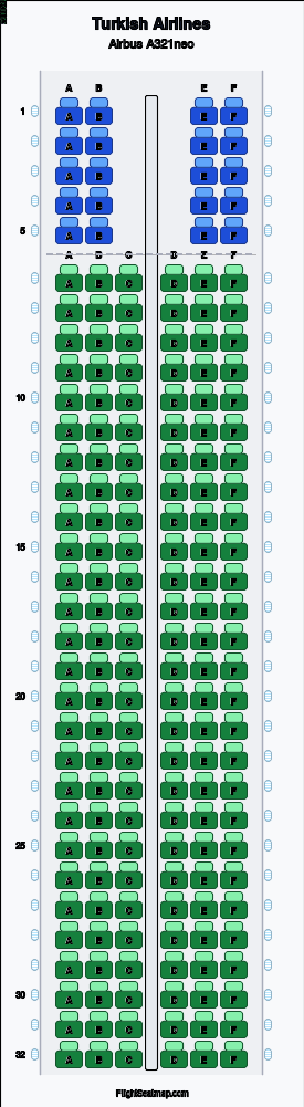 Turkish Airlines Airbus A321neo seat map layout for flight TK1798 from GOT to IST