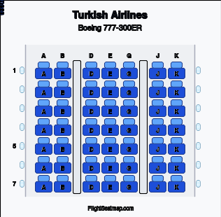 Turkish Airlines Boeing 777-300ER seat map layout for flight TK73 from CAN to IST