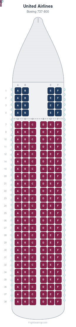United Airlines Boeing 737-800 seat map layout for flight UA1342 from LAX to SNA
