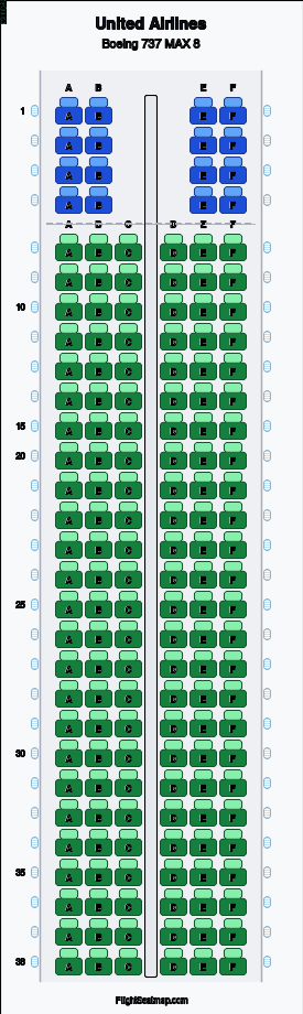 United Airlines Boeing 737 MAX 8 seat map layout for flight UA1386 from LAS to EWR