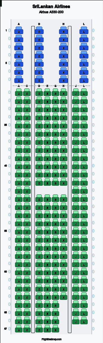 SriLankan Airlines Airbus A330-200 seat map layout for flight UL3371 from SYD to SIN