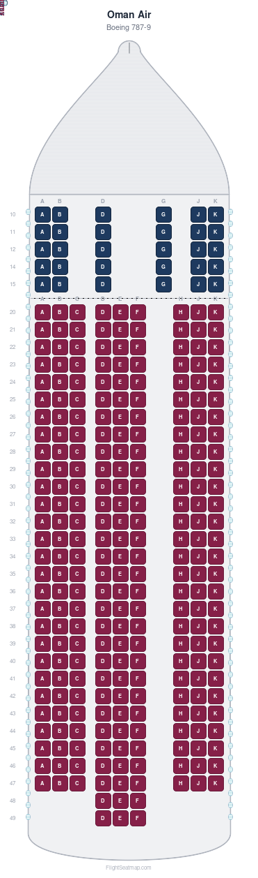 Oman Air Boeing 787-9 seat map layout for flight WY815 from MCT to BKK